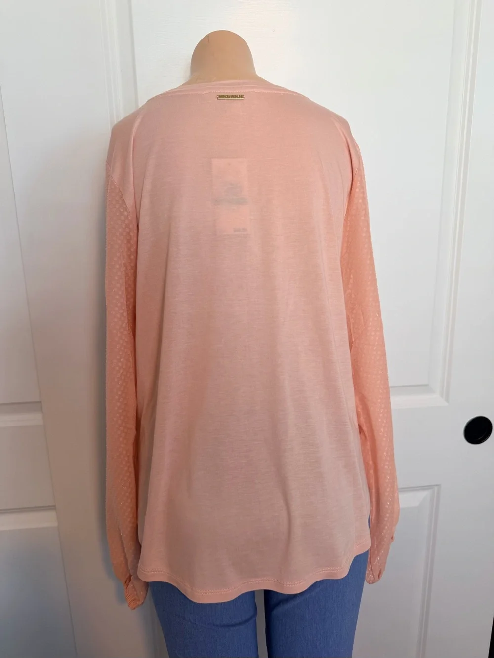 Michael Kors Soft Peach Long Sleeve Blouse with Sheer Dot Sleeves